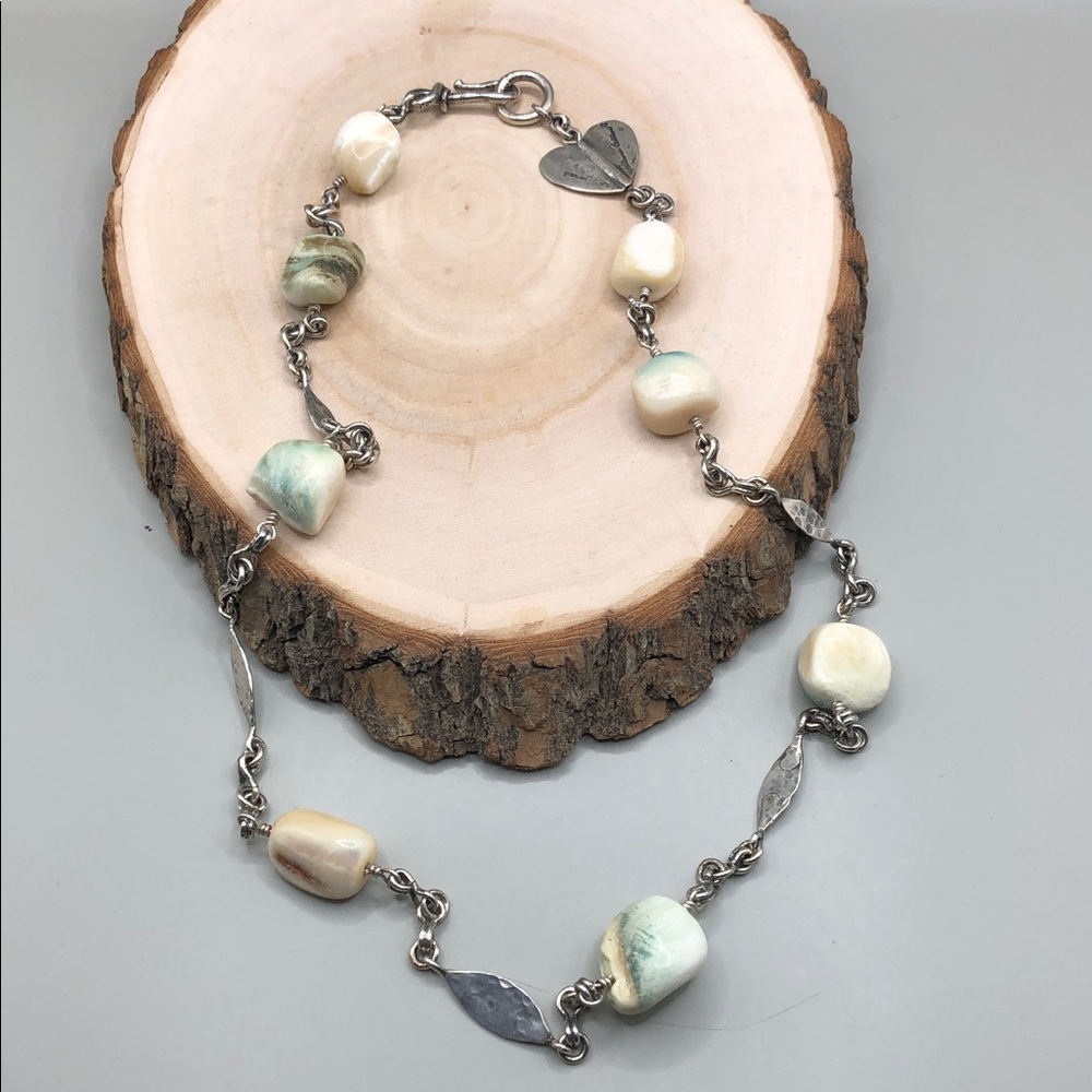 Rebecca Collins artisan designer sterling silver 925 chain necklace MoP shells.